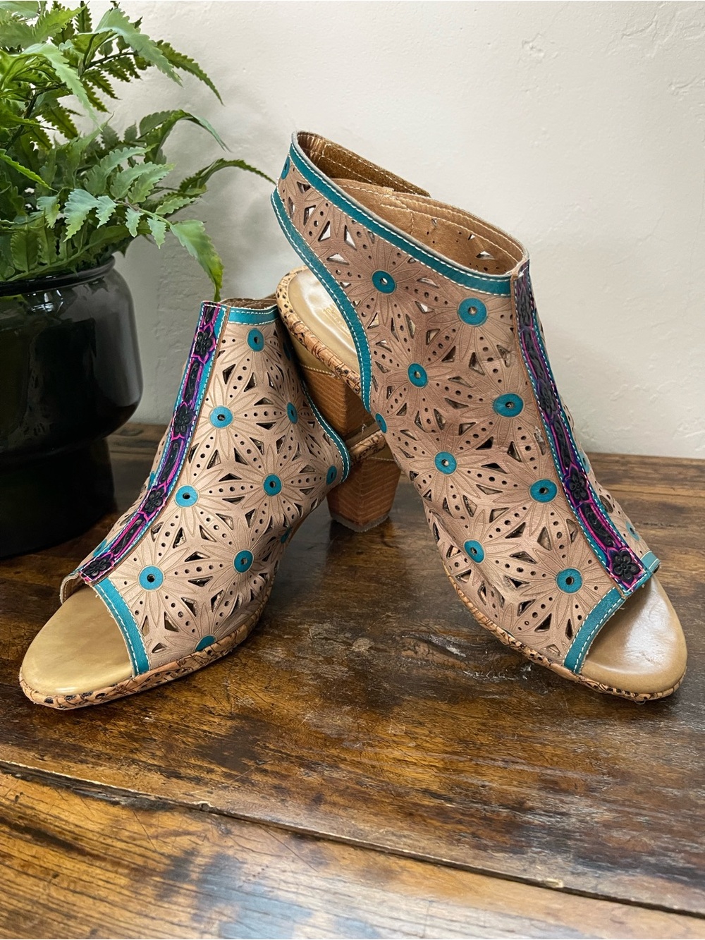 L’Artiste Taupe and Teal Peep-toe Perforated Slingback Heels